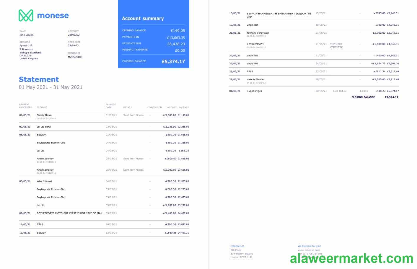 United Kingdom Monese bank statement template in Word and PDF format, 2 pages